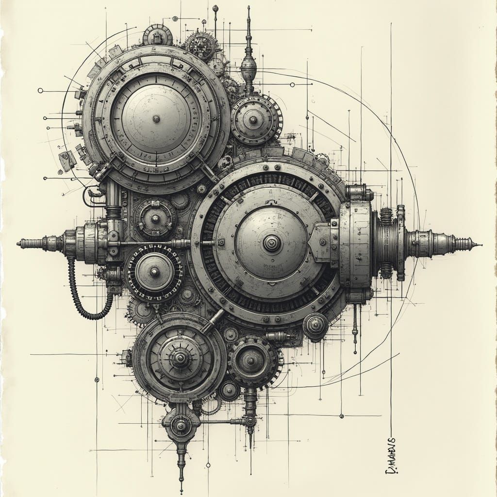 Intricate Machinery Schematics in Futuristic Industrial Desi...