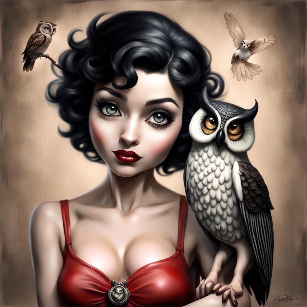 Realistic Betty Boop with Mythical Owl