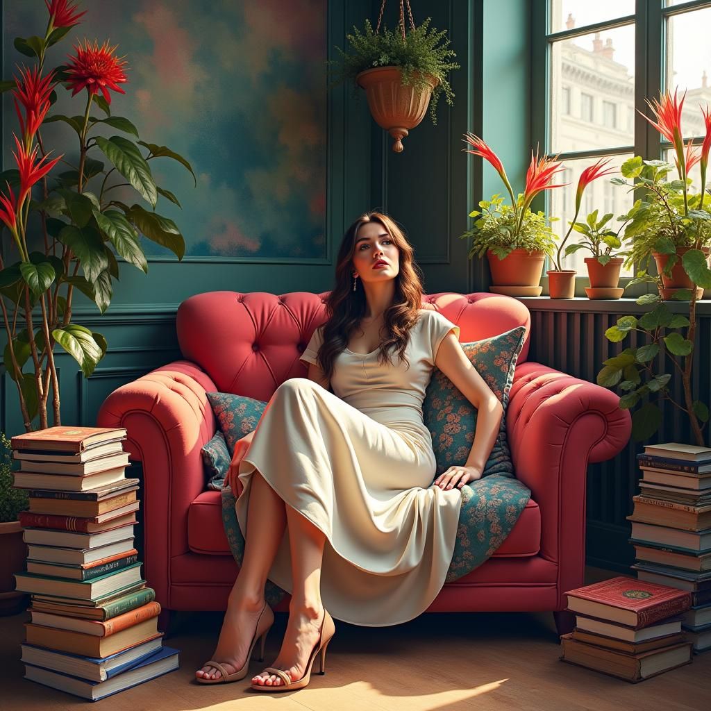 Woman in Parisian Library with Flowers, Hyperrealistic Style