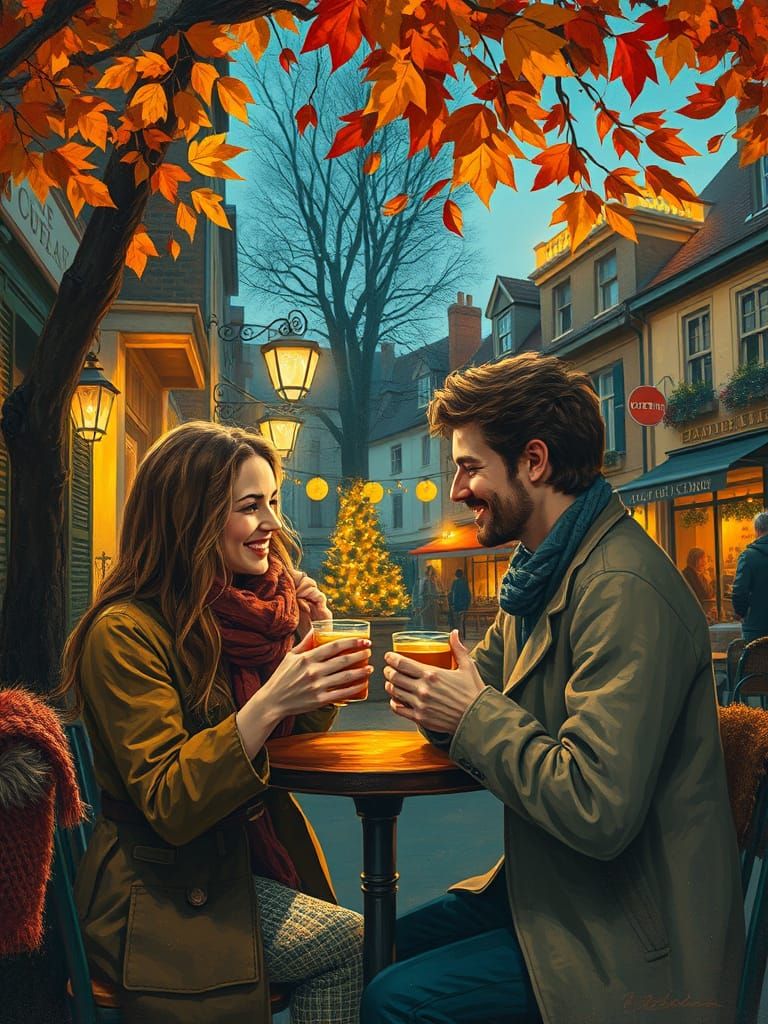 Autumn Cafe Scene as Acrylic Painting