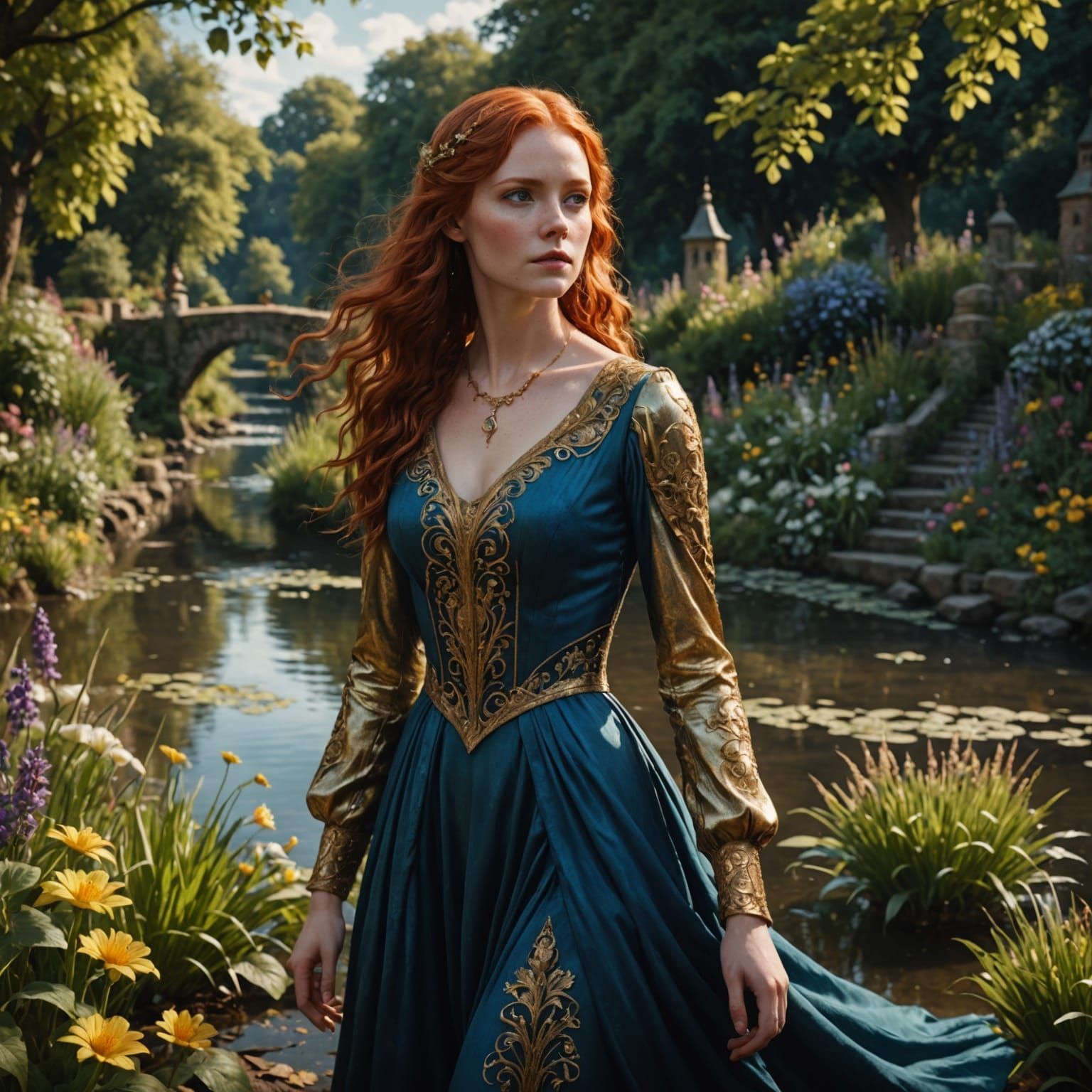 Woman in Flowing Gold Dress beside a River in a Fantastical....