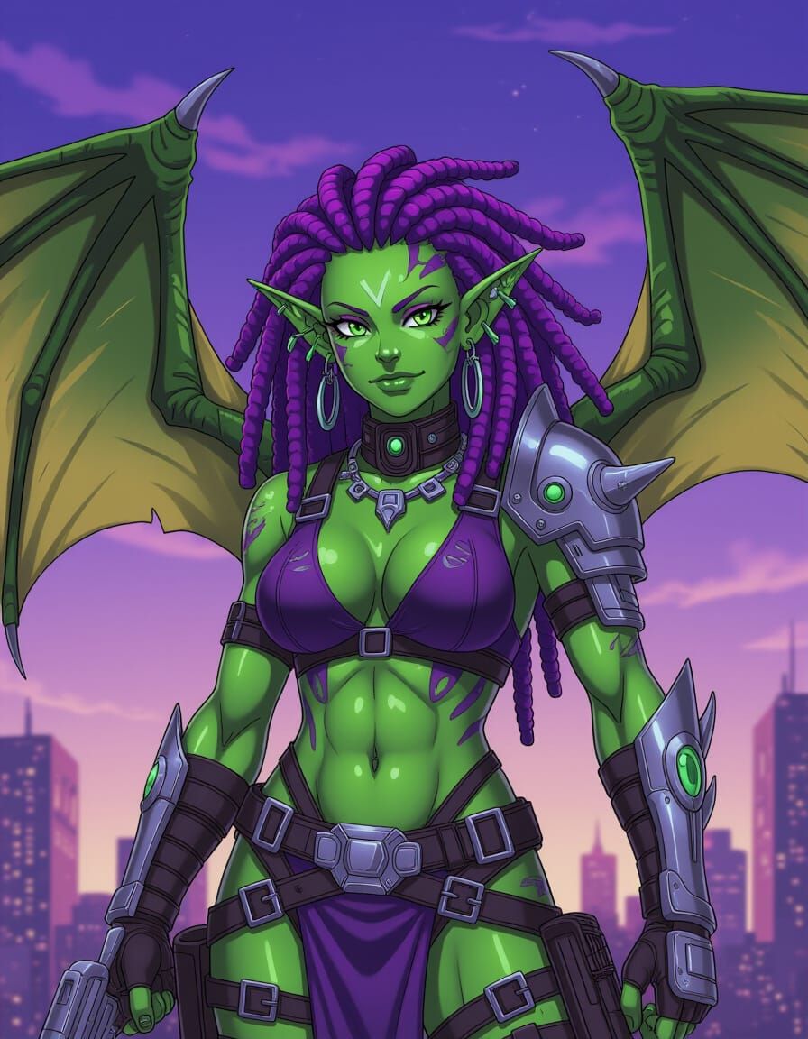 Cyberpunk Orc with Dragon Wings and Purple Dreadlocks