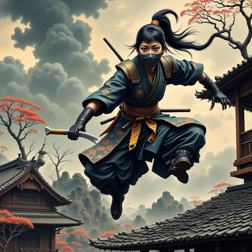 Fierce Female Ninja Leaping from Japanese Housetop