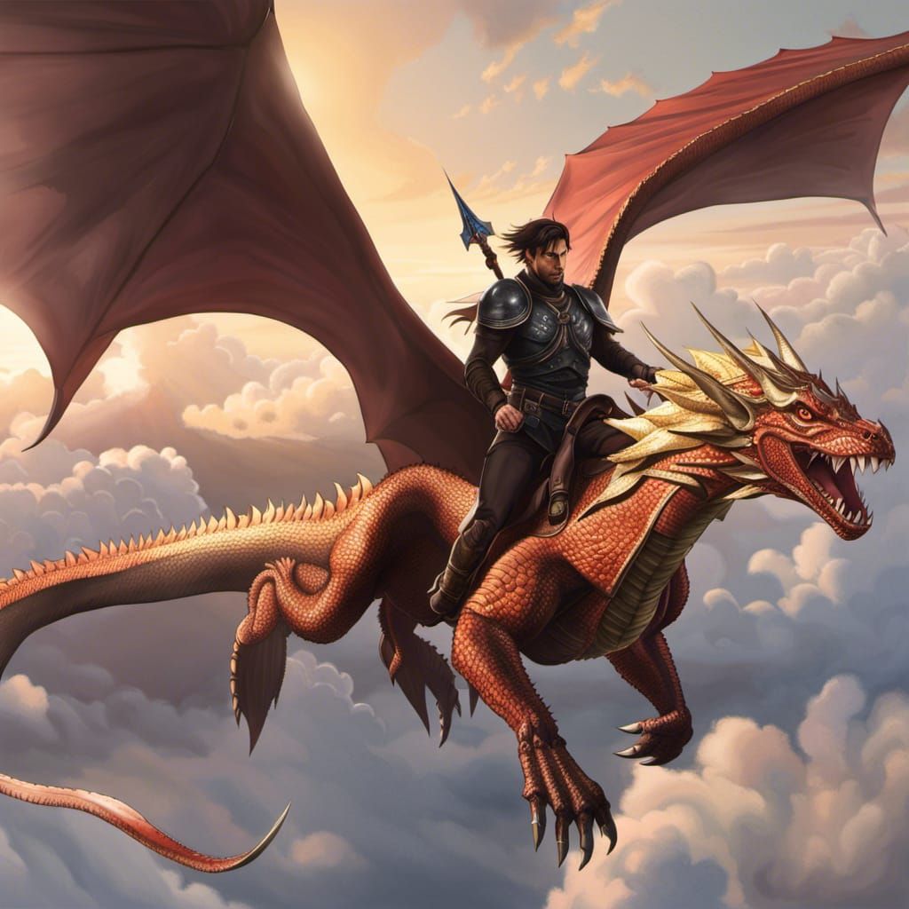 Dragon Rider Soaring Through Cloudy Skies