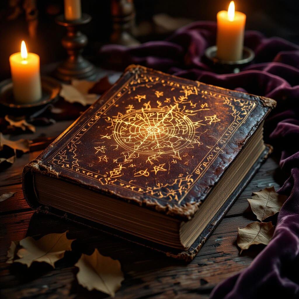 Ancient Book with Mystical Symbols by Candlelight