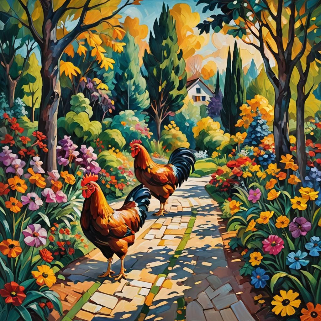 Chicken on Garden Path in Expressionist Style