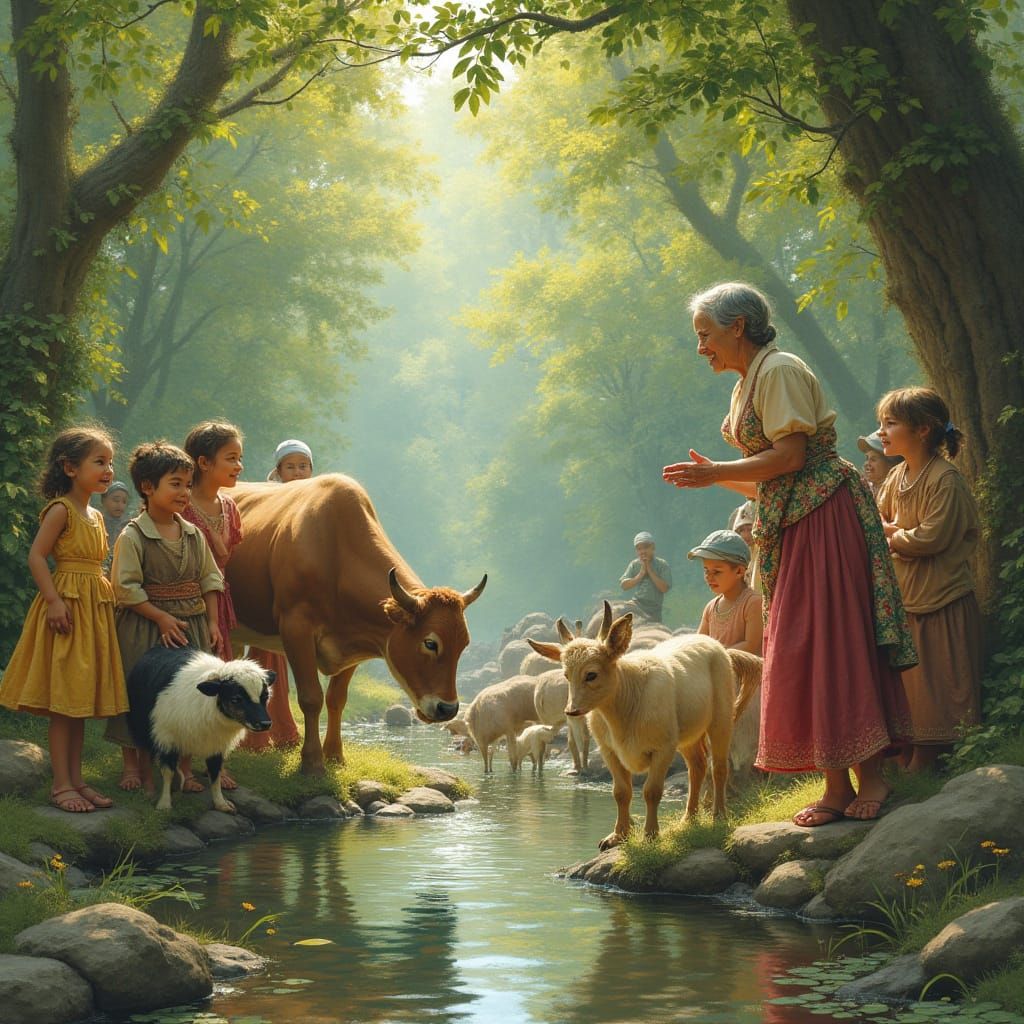 Villagers and Animals Gather at Forest Spring