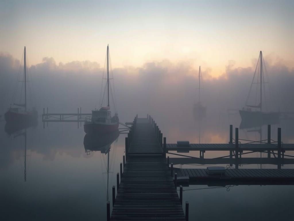Misty Docks at Dawn in Romantic Style