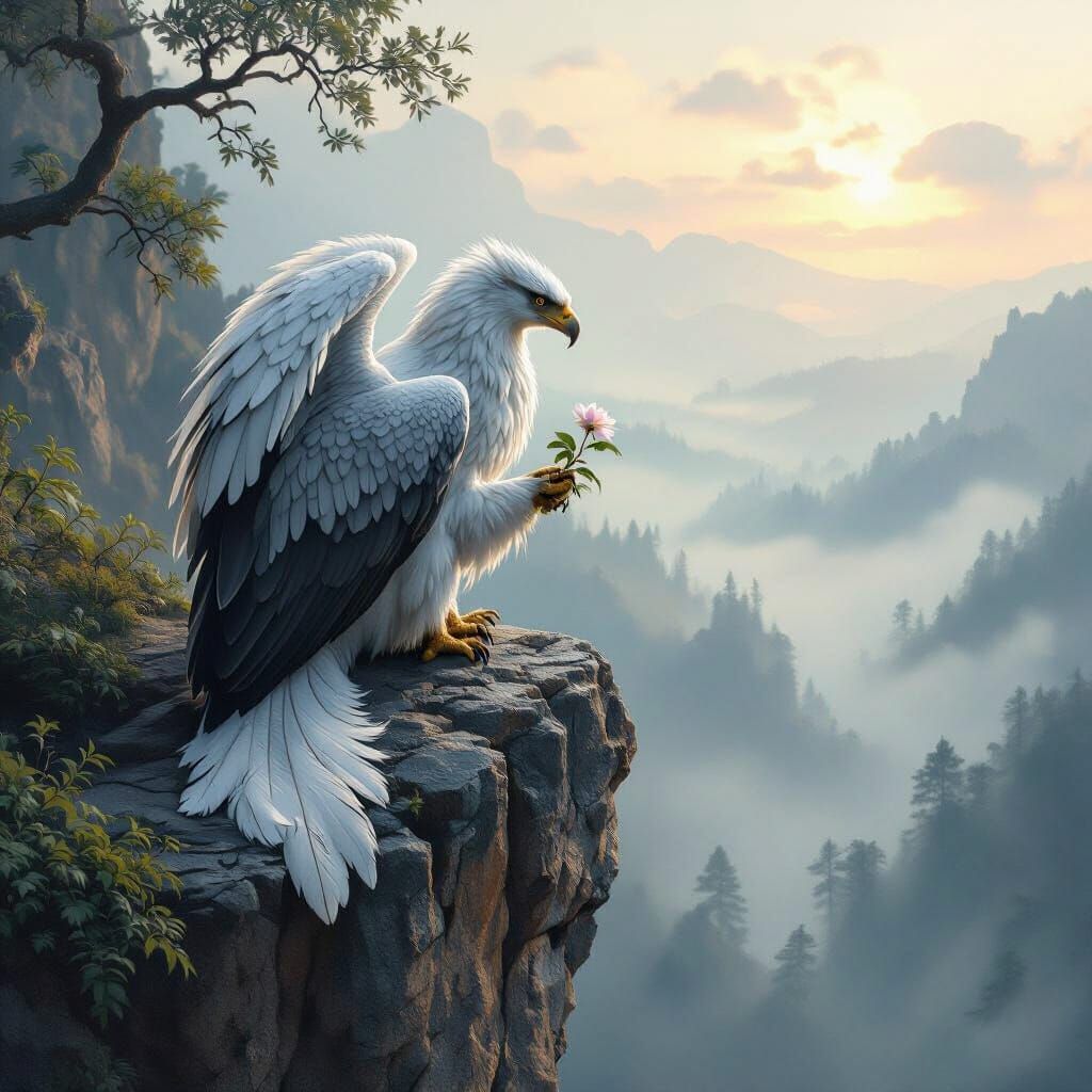 Hyperrealistic Griffin on Cliff at Dawn