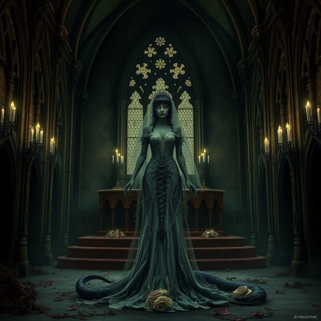 Lamia Bride in Gothic Cathedral, Surreal Art