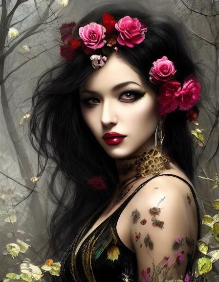Dark Goth Flower Woman Portrait in Realist Style