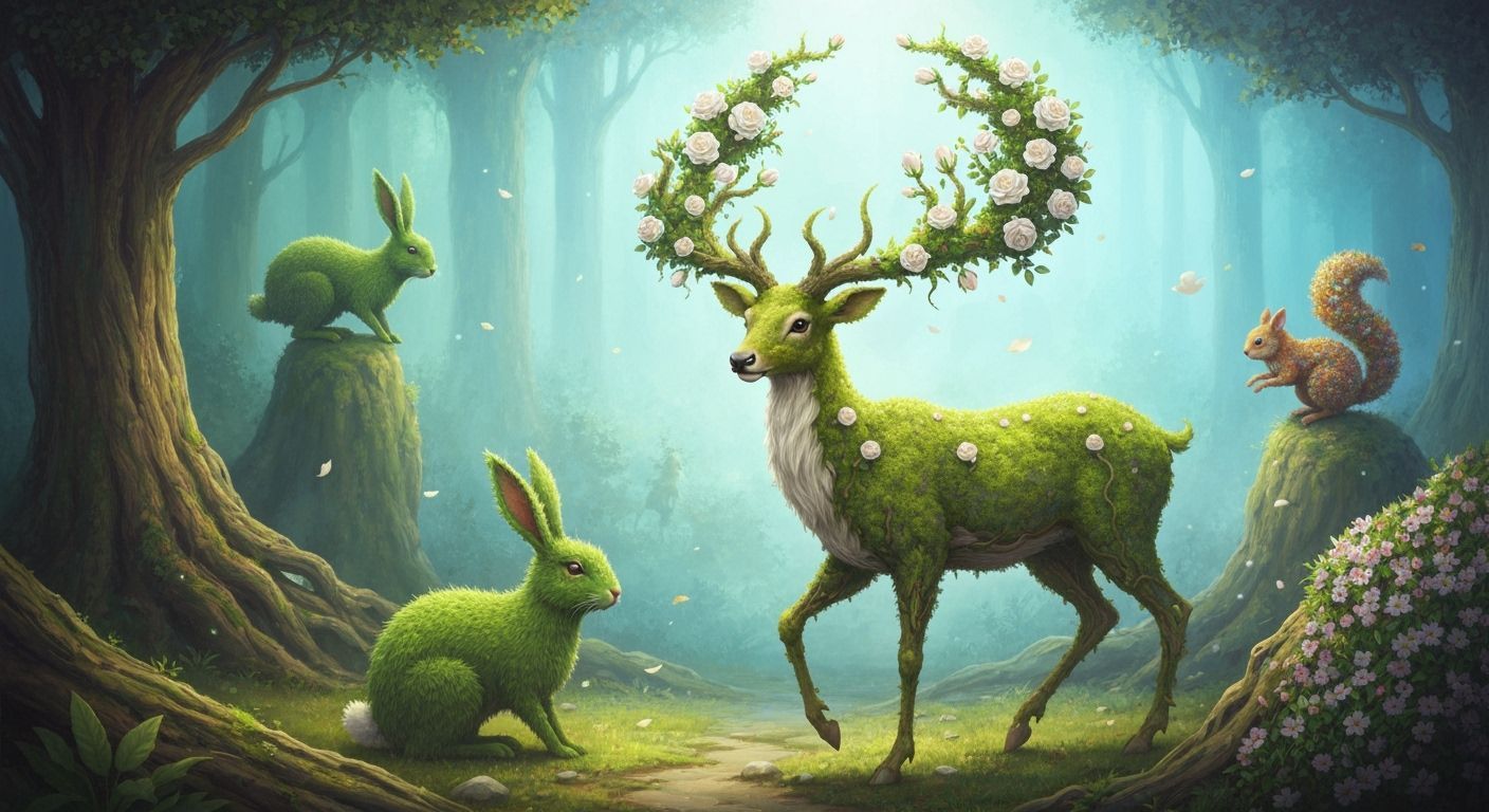 Magical Deer with Rose Antlers in Enchanted Forest