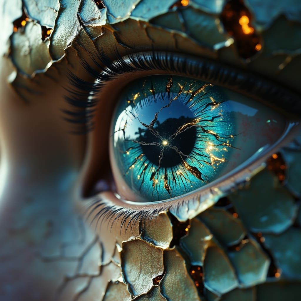 Intense Blue Eyes with Golden Galaxy of Cracked Glass