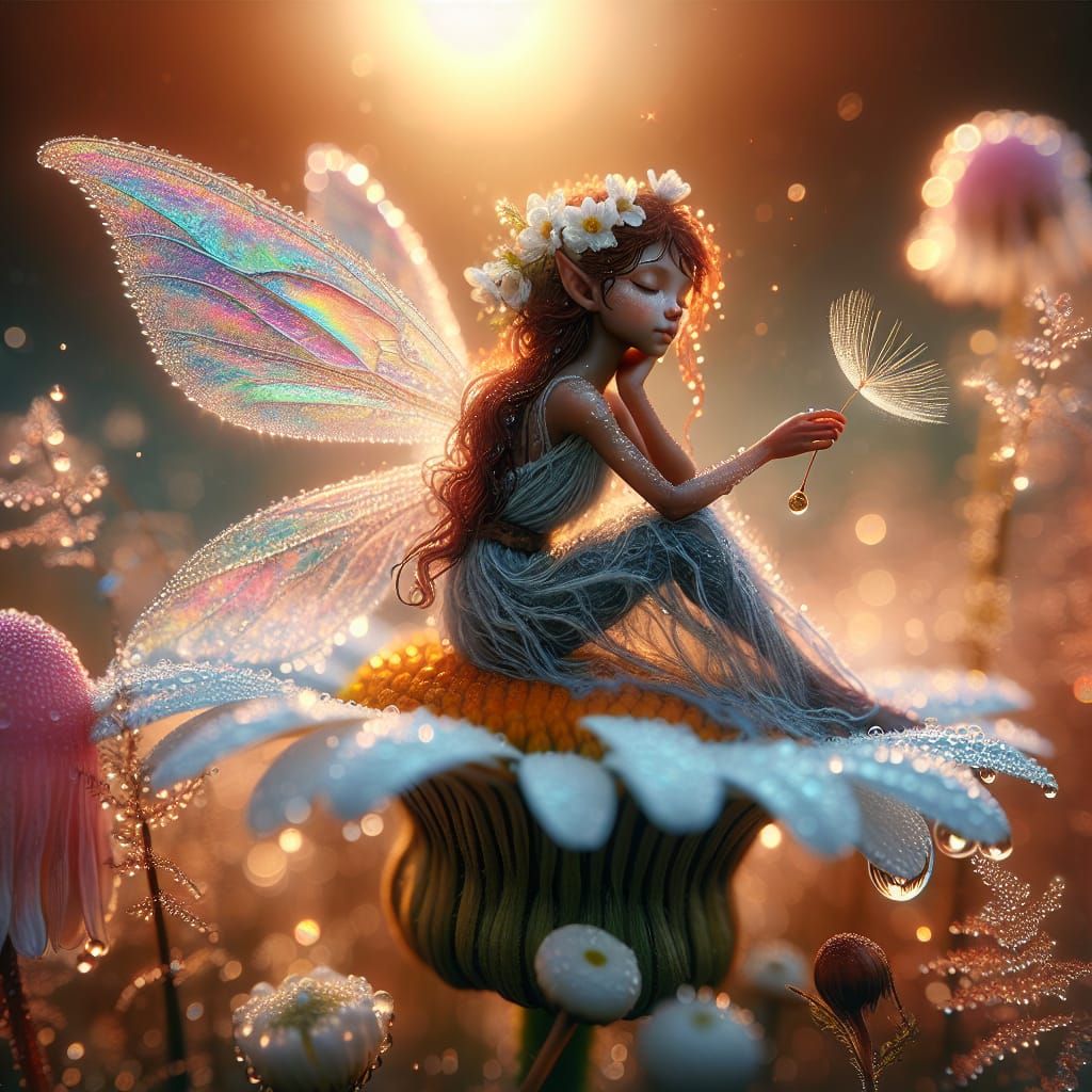 Fairy Lounging on Daisy Petal at Sunrise