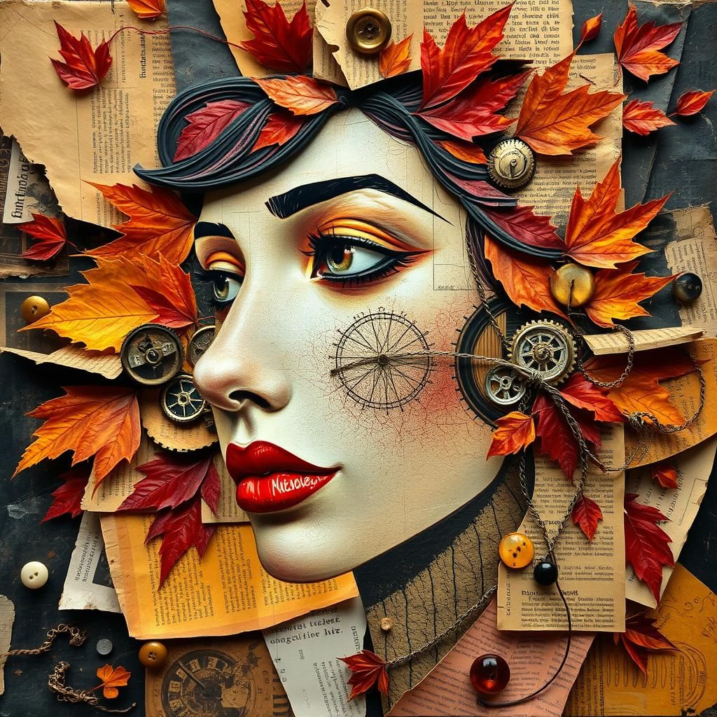 Cubist Female Face Collage with Autumnal Elements
