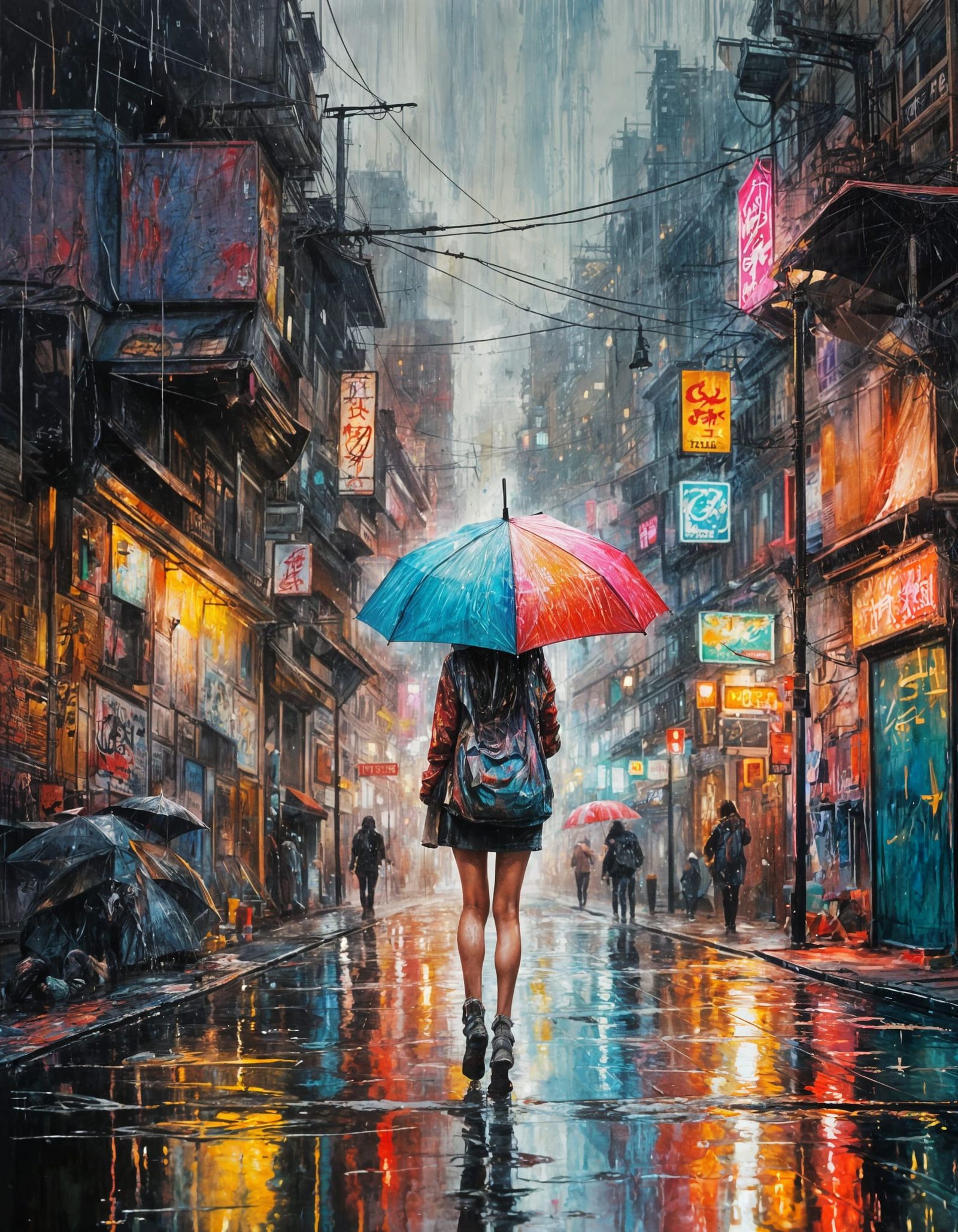 Woman Walking in Heavy Rain Under Torn Umbrella