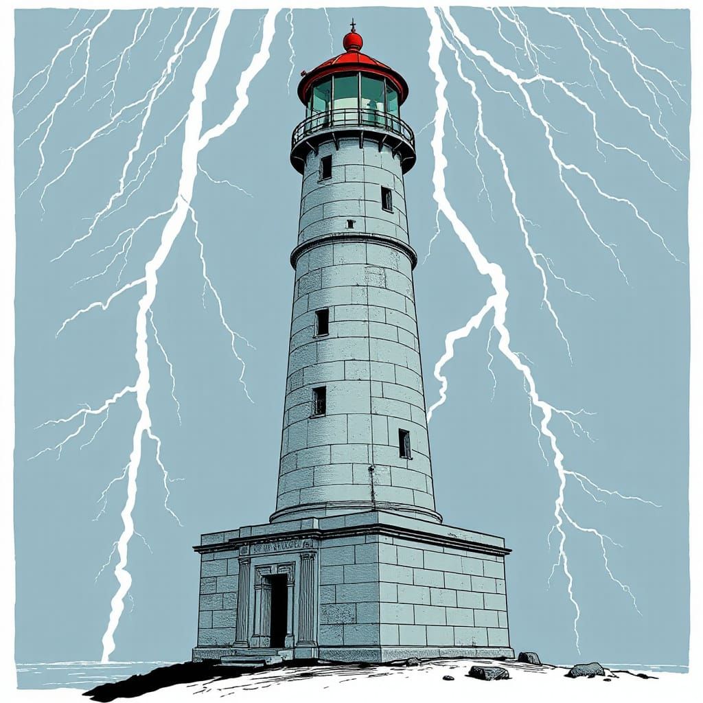 Lighthouse of Alexandria in Thunderstorm, Ink Drawing