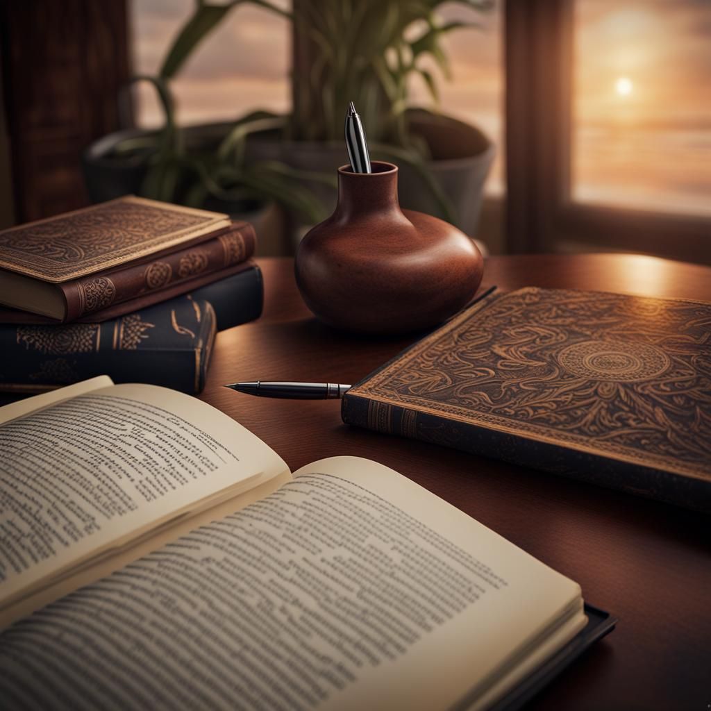 Hyperrealistic Study Table with Book and Pen
