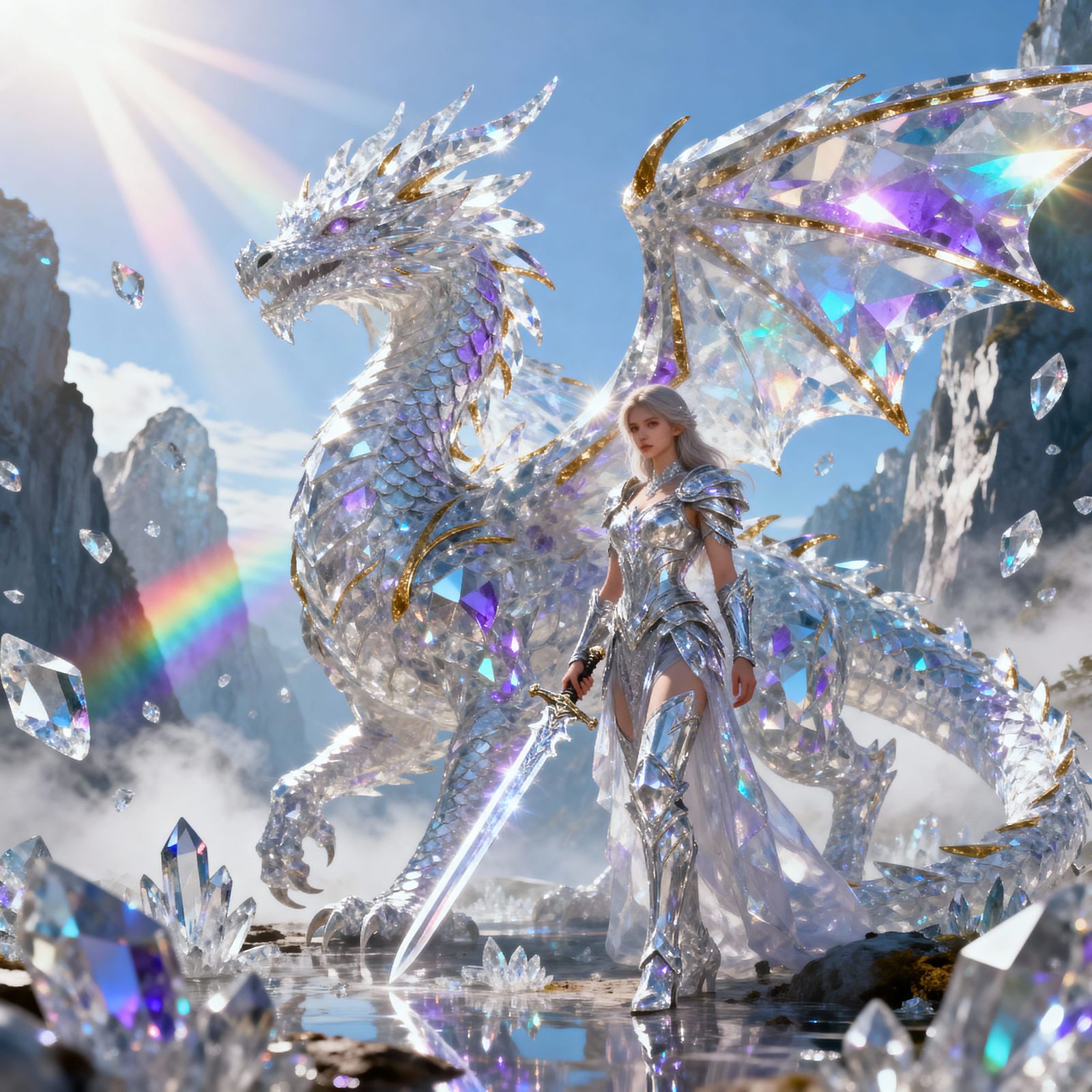 Crystal Dragon and Warrior in Sunlit Crystalline Valley