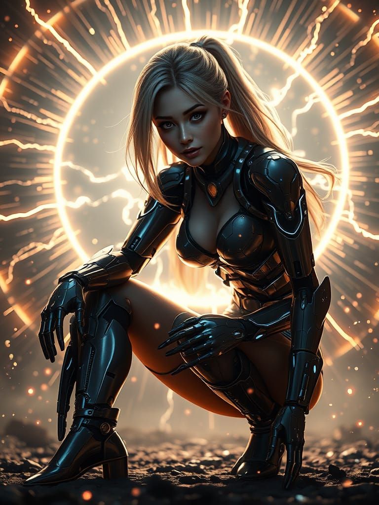 Cyberpunk Female Android Warrior in Radiant Light