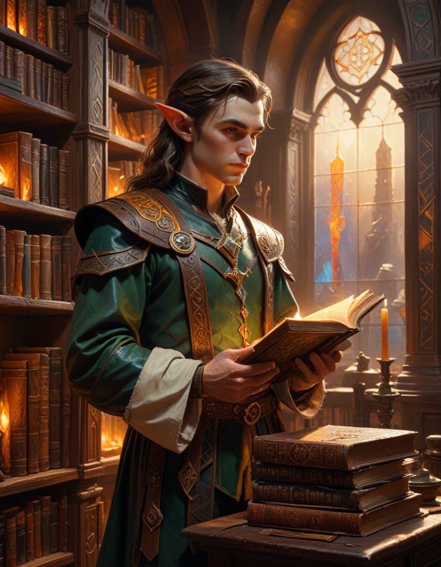 Young Elf Wizard in Grand Library, Fantasy Oil Painting