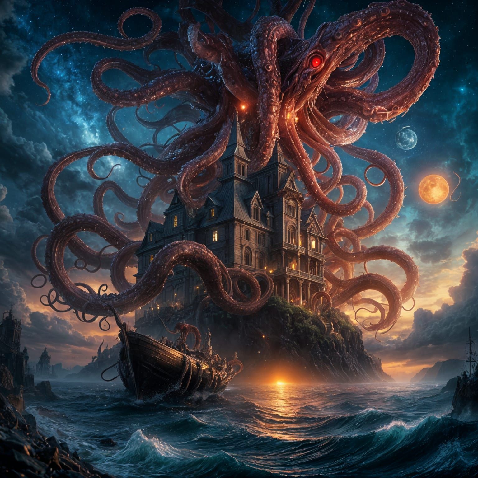 Eldritch Squid-God Horror in Epic Night Sky