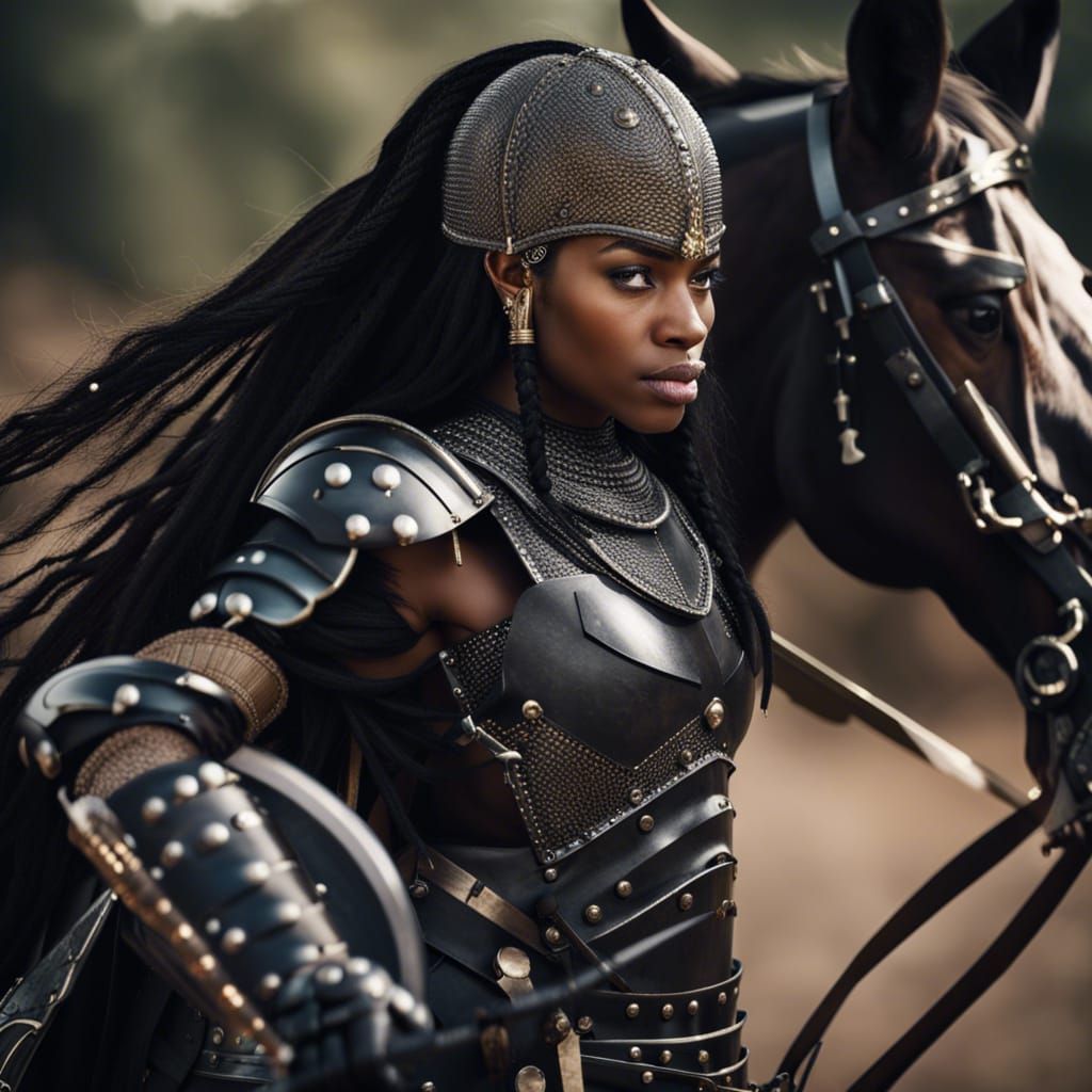 African Female Warrior in Steel Armor, Professional Photogra...