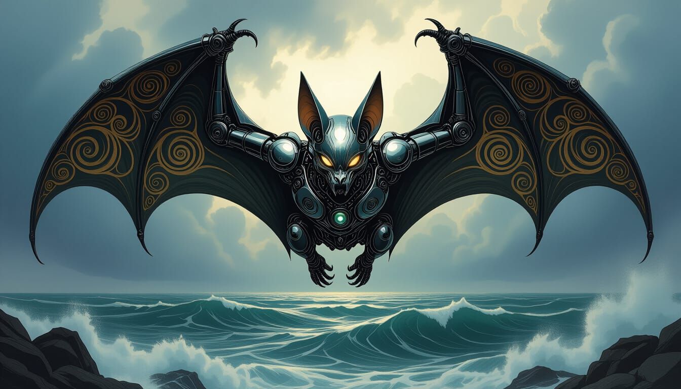 Three-Headed Cyborg Bat Creature Overlooking Stormy Sea