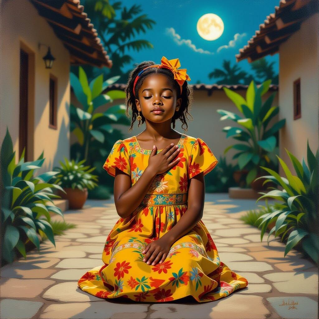 Girl in African Courtyard: Evocative, Earthy Tone Art