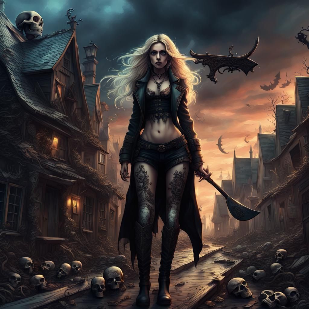 Haunted Street Scene with Woman and Axe