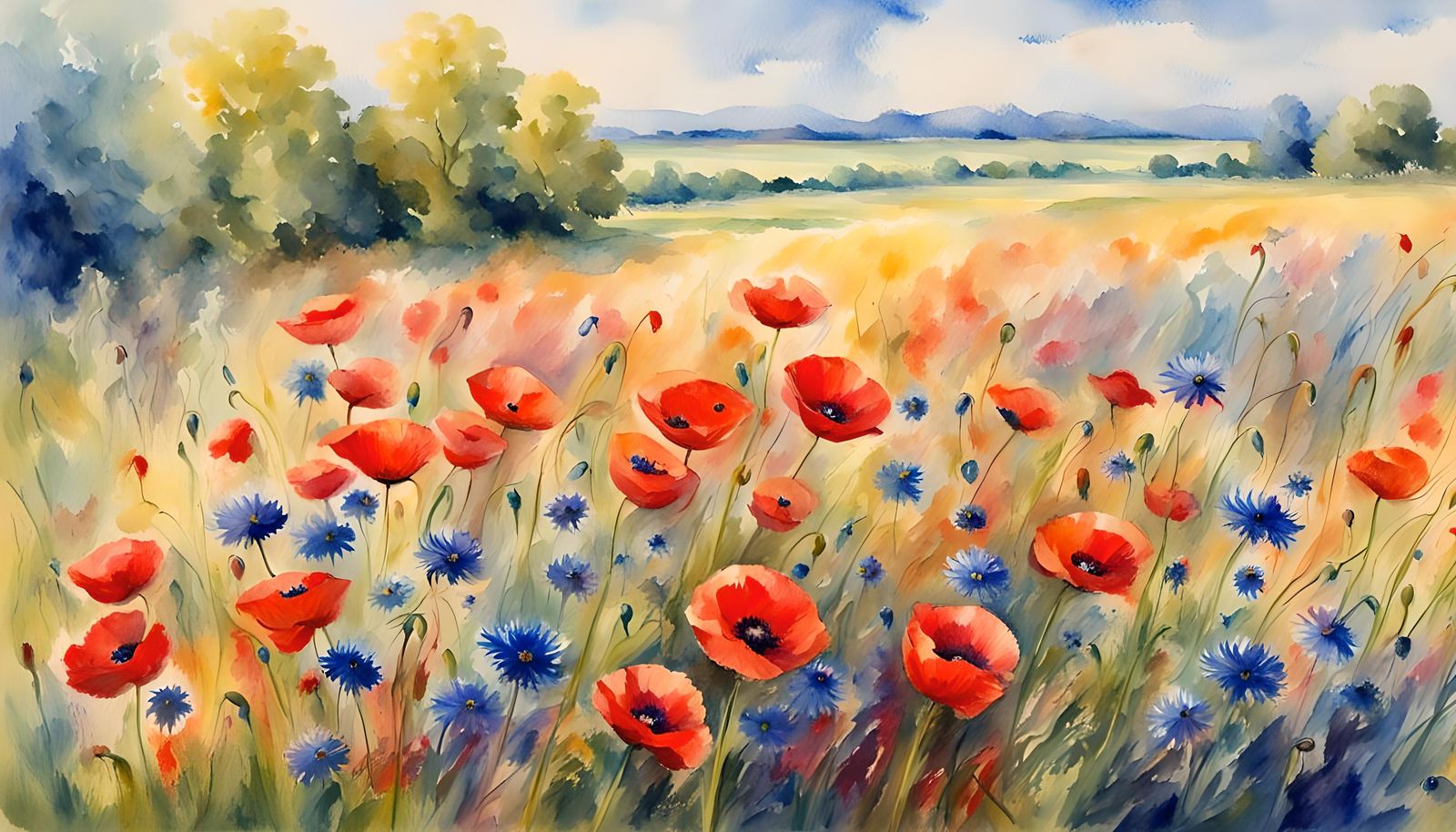 Impressionist Watercolor: Poppies and Cornflowers Field