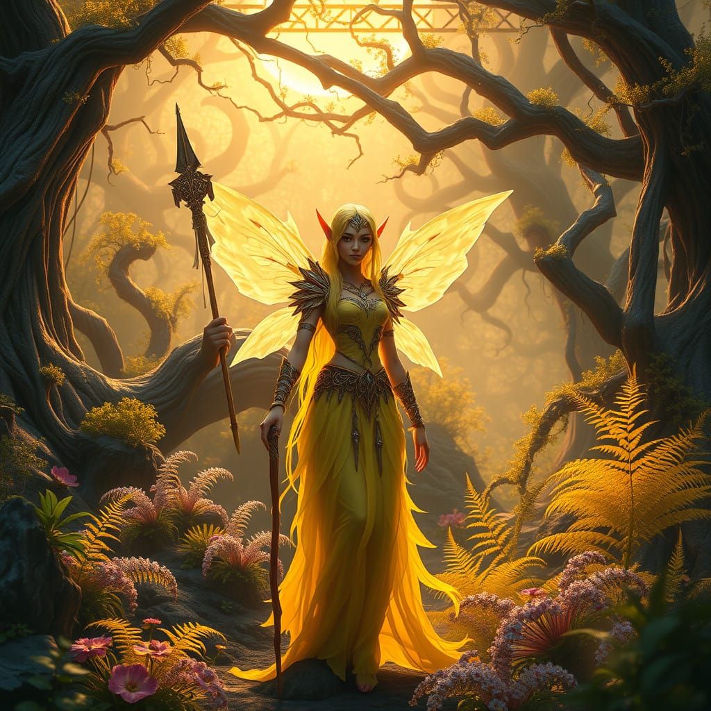 Ethereal Yellow Elf Maiden in Vibrant, Mystical Forest