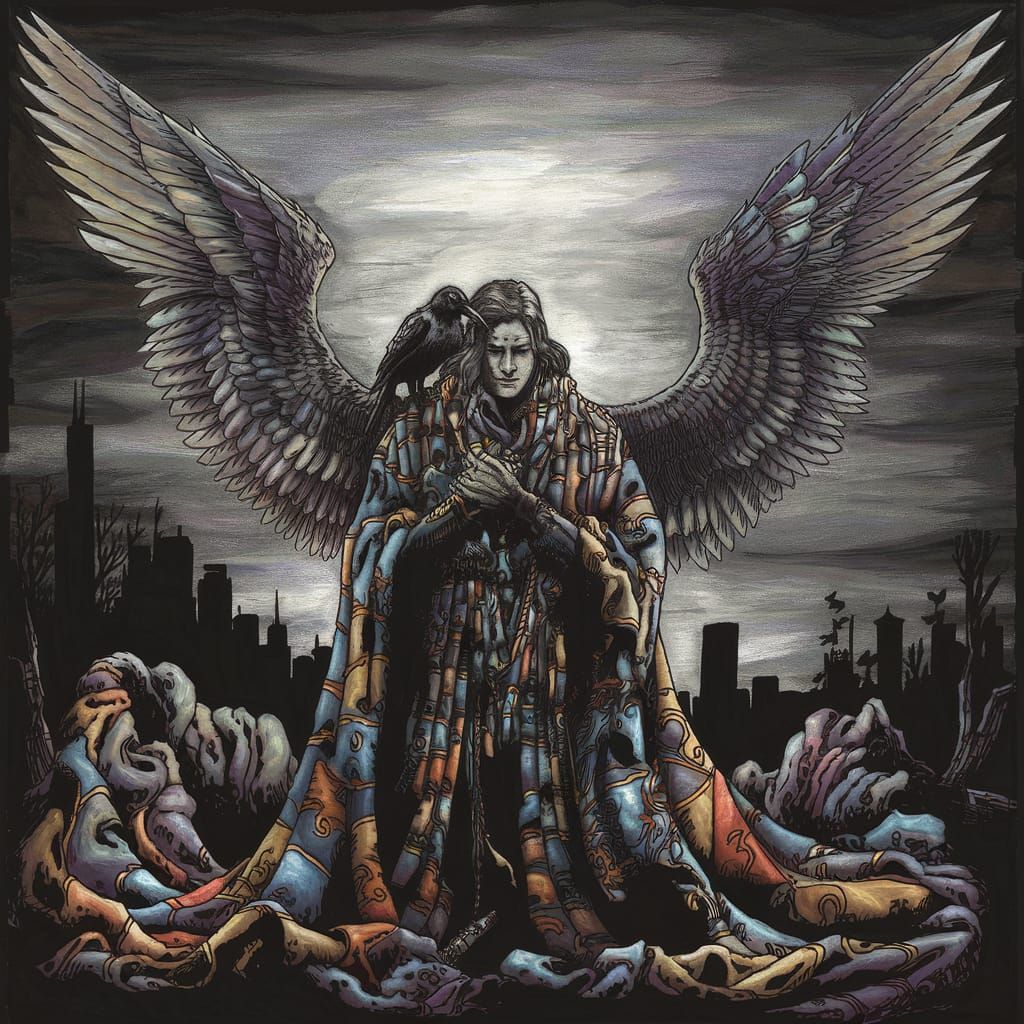 Dark Angel with Raven in Gloomy Cityscape