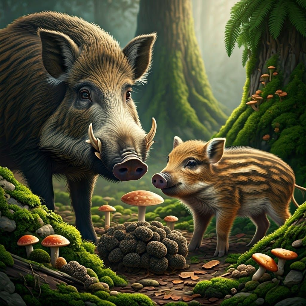 Wild Pigs Discover Hidden Truffle Mushrooms in Forest