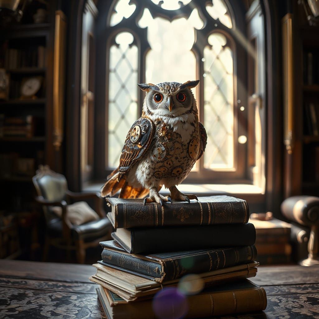 Clockwork Owl on Books in Steampunk Study