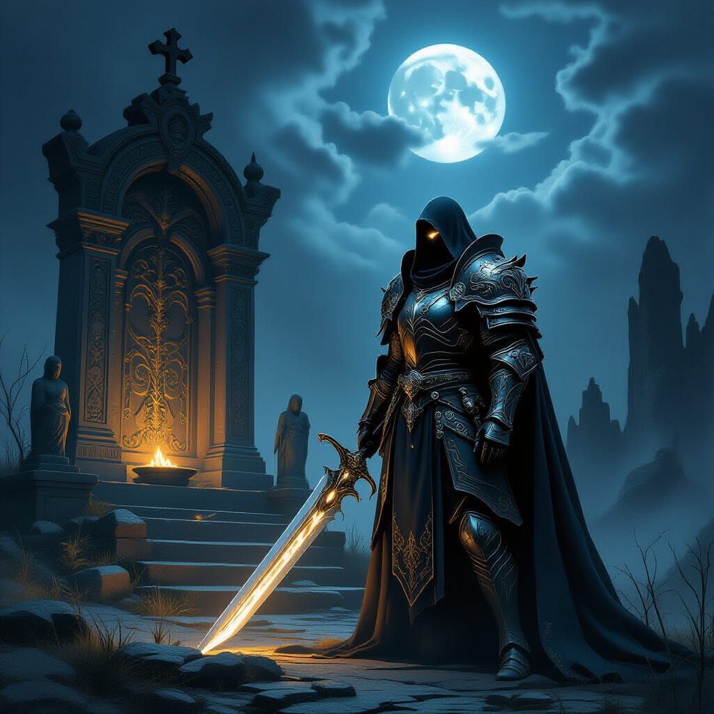 Dark Paladin Guarding Shrine: Fantasy Art