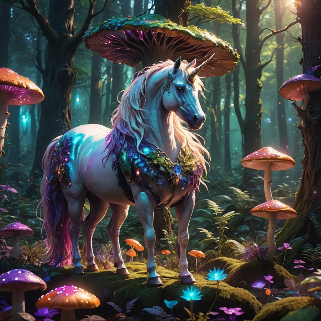 Majestic Unicorn in Luminous Fantasy Forest