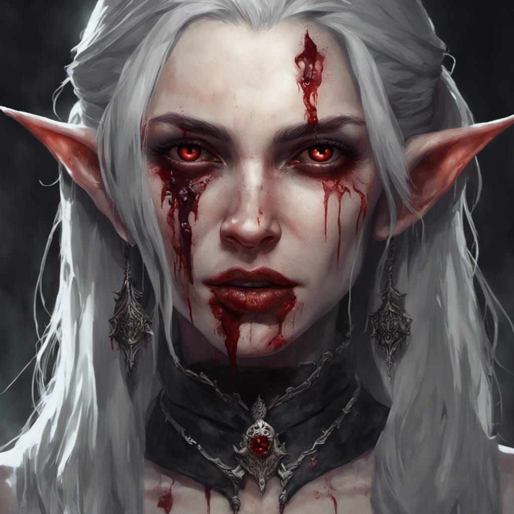 Bloodied Vampire Elf Portrait in Dark Fantasy Style