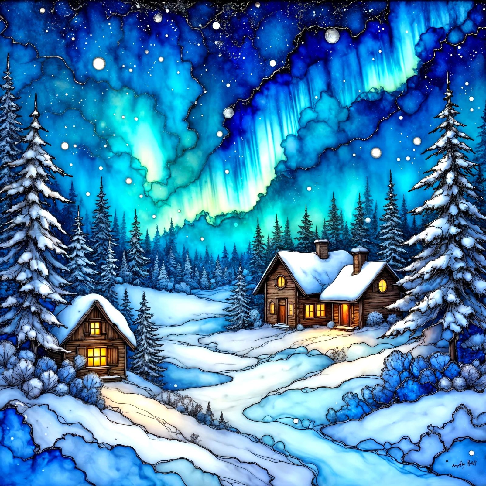 Snowy Village Under Aurora Skies in Alcohol Ink Style