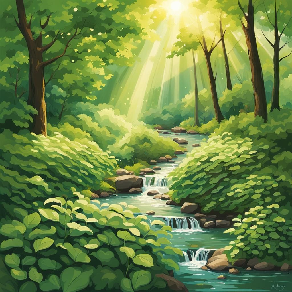 Sunlit Stream in Forest with Birdsong