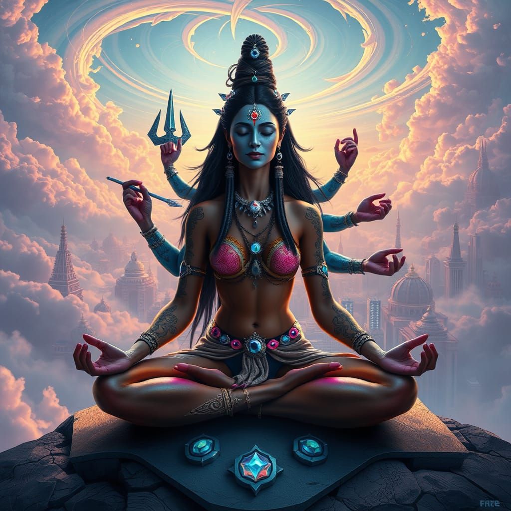 Futuristic Indian Woman and Shiva Meditate in Sky City