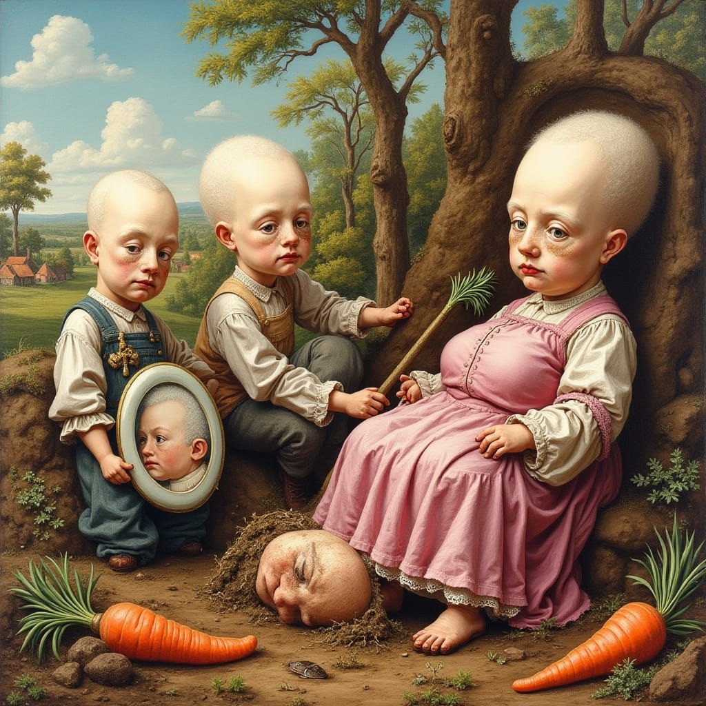 Surreal Farmers Digging Up Porcelain Kings in Ink Style