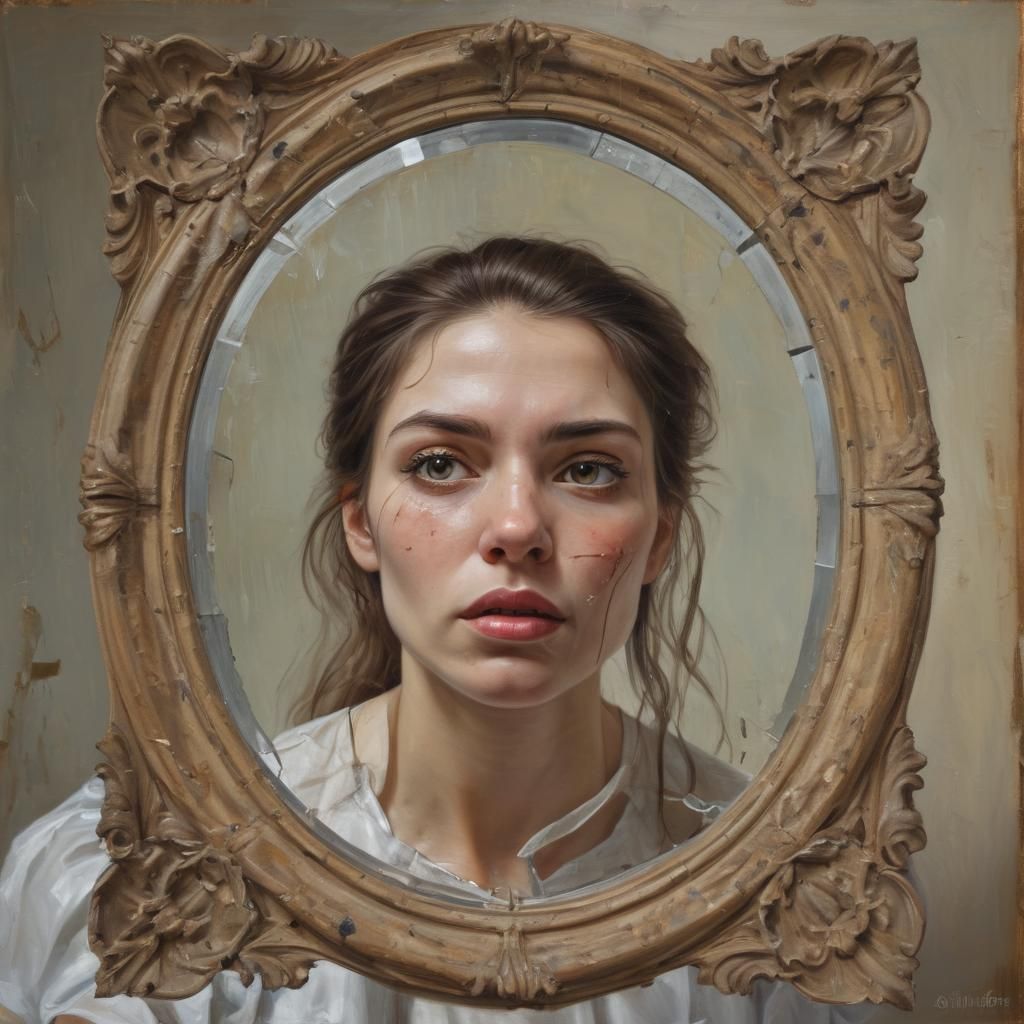 Woman's Superstitious Reflection: An Expressive Oil Painting
