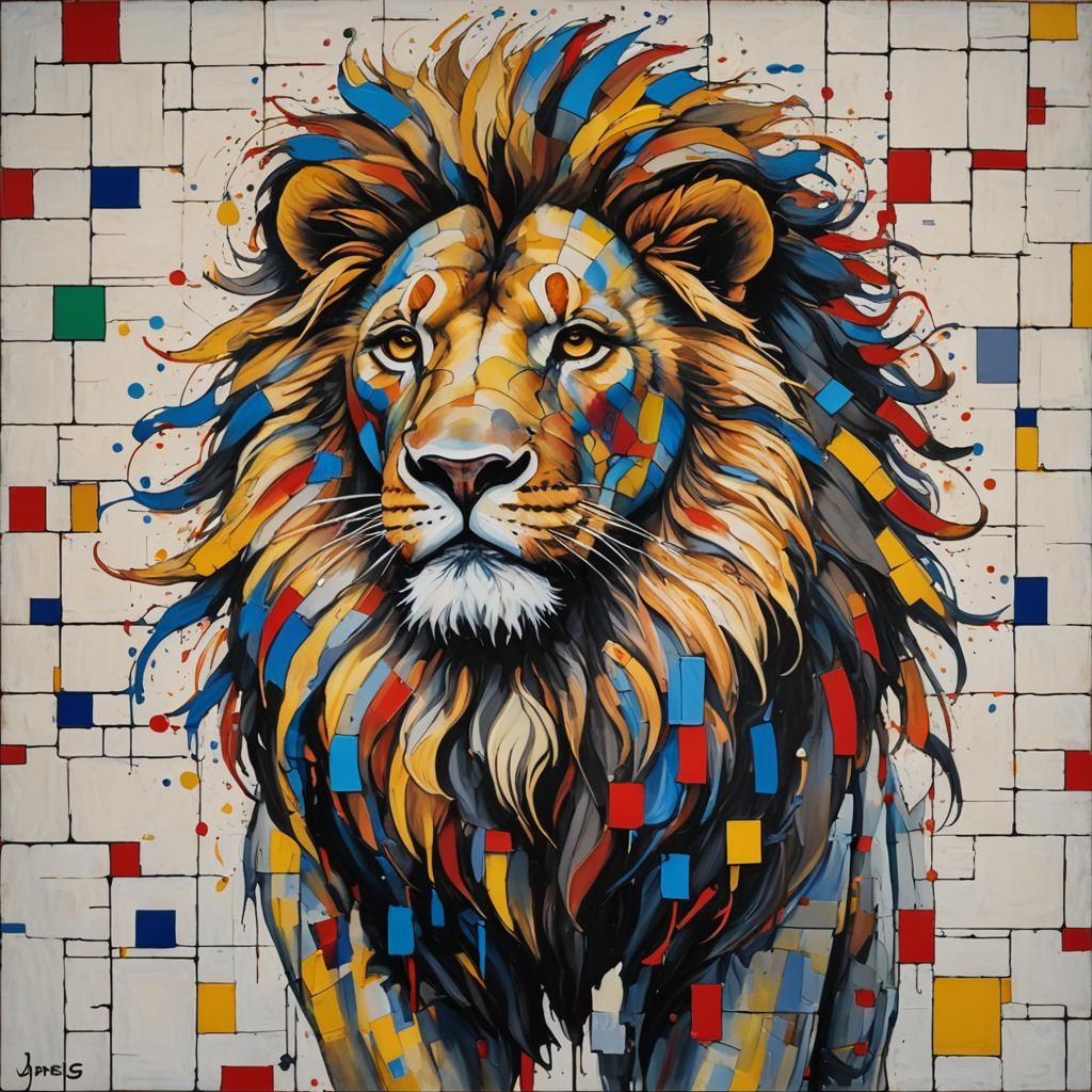 Abstract Lion in Mondrian Style with Acrylic Paint