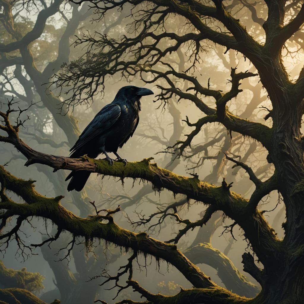 Raven on Oak Tree in Dark Fantasy Landscape