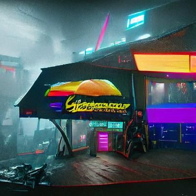 Cyberpunk Cheeseburger Shop in Neon Cityscape