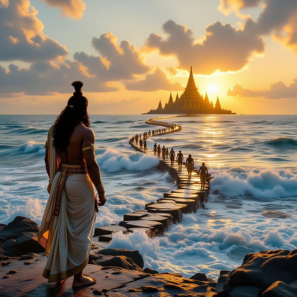 Lord Rama's Epic Ocean Crossing: A Cinematic Scene