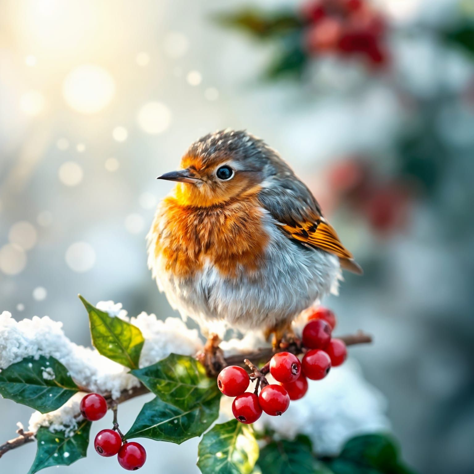 Surreal Winter Robin on Holly Branch