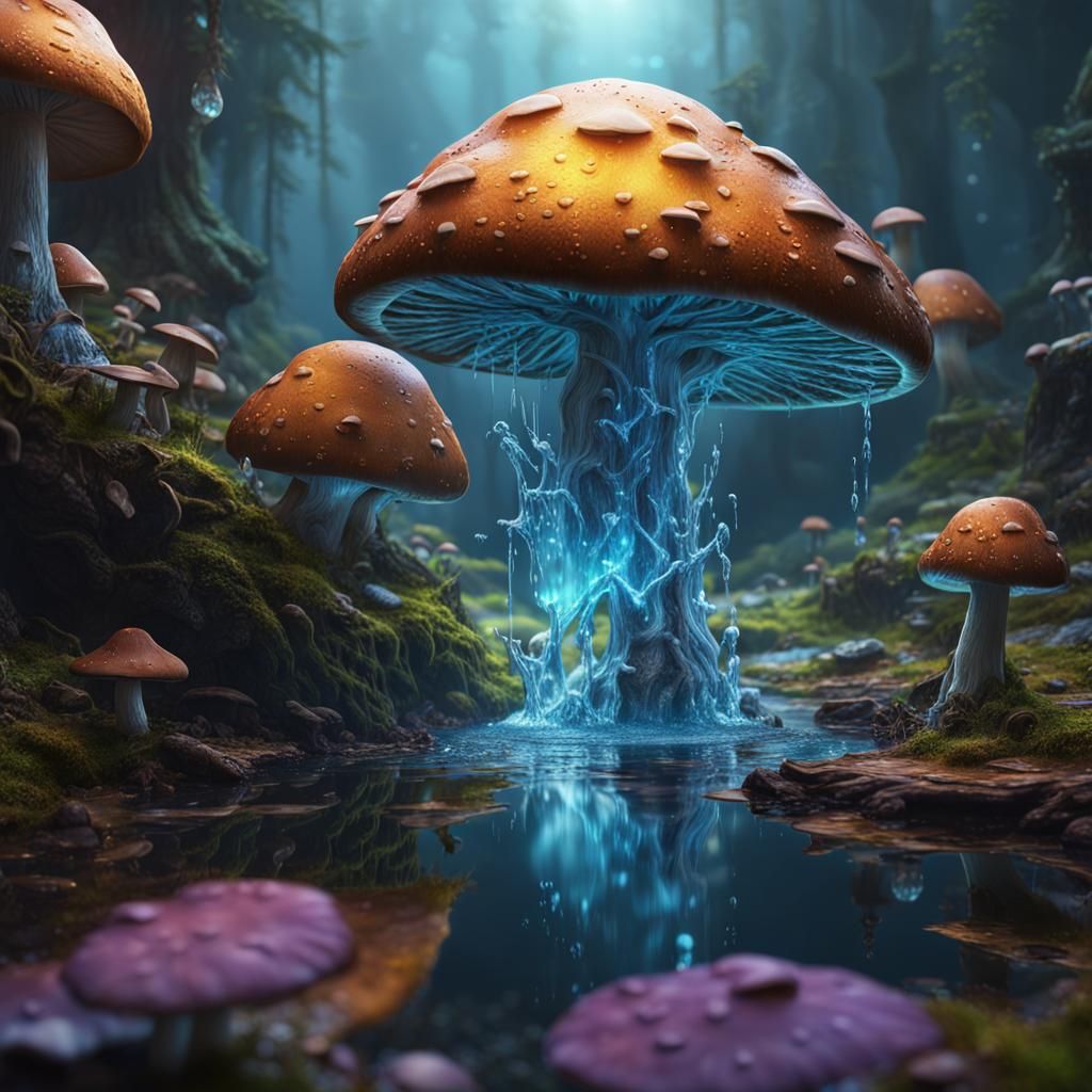 Water Inside Mushrooms: Detailed Fantasy Concept Art