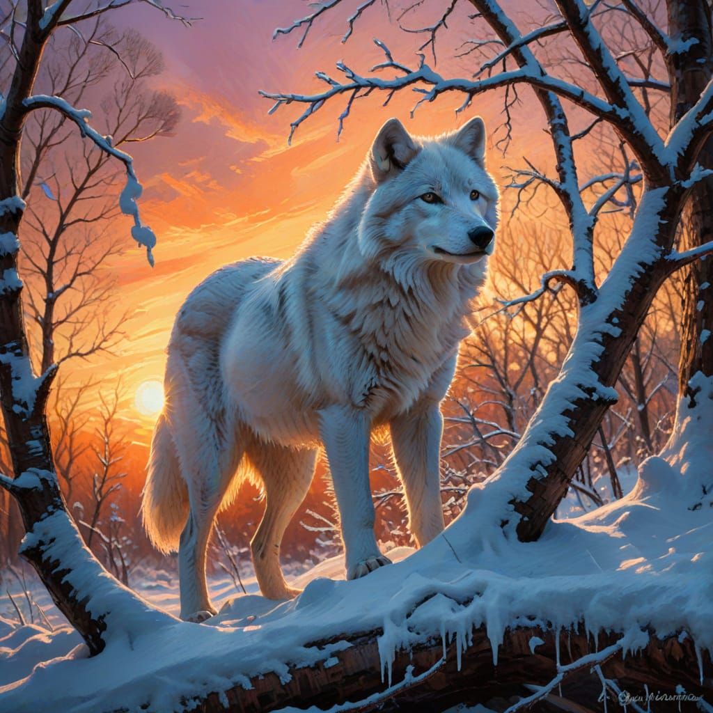 Arctic Wolf at Sunset in Dramatic Lighting